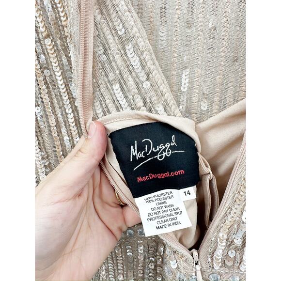 Mac Duggal Gold Sequined Illusion High Neck Long Sleeve Trumpet Gown Size 14 - Picture 9 of 9